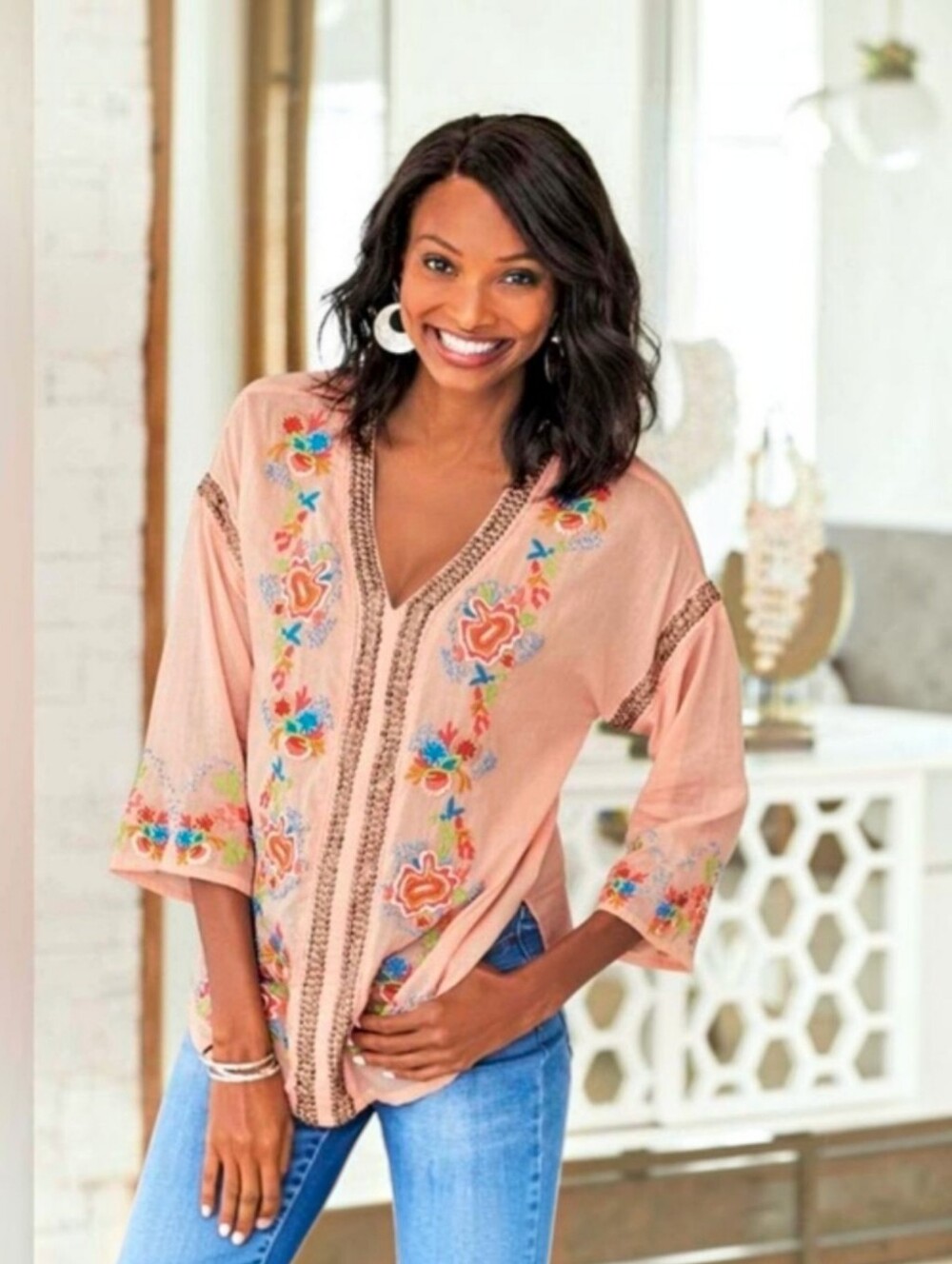 Soft Surroundings - Peach Cotton Palm Island Tunic Top - SIze L